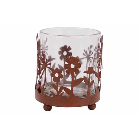 TL-HOUDER GLAS-METAAL FLOWERS D7.5XH9CM ROEST